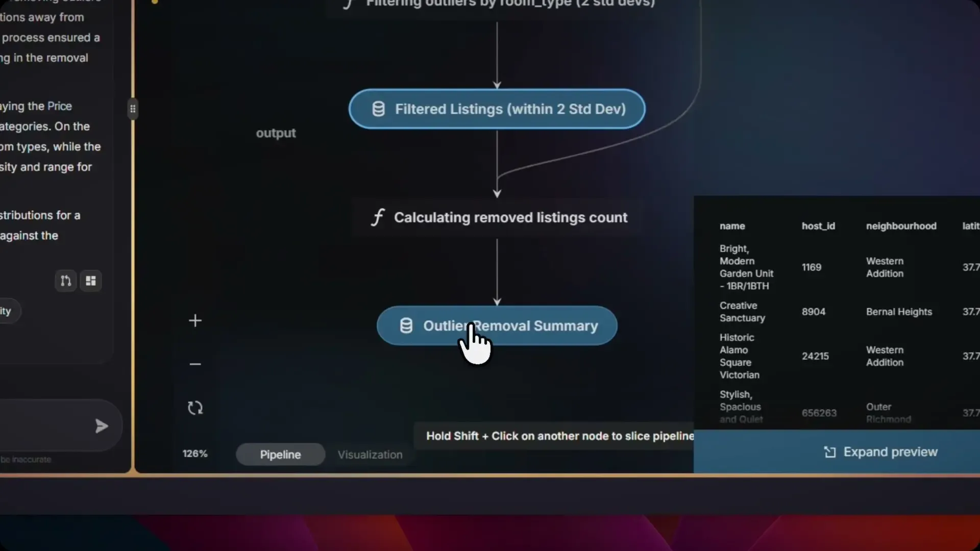 NVEIL Choregraph pipeline: no-code data transformation steps — filtering, aggregation, geolocation — before visualization